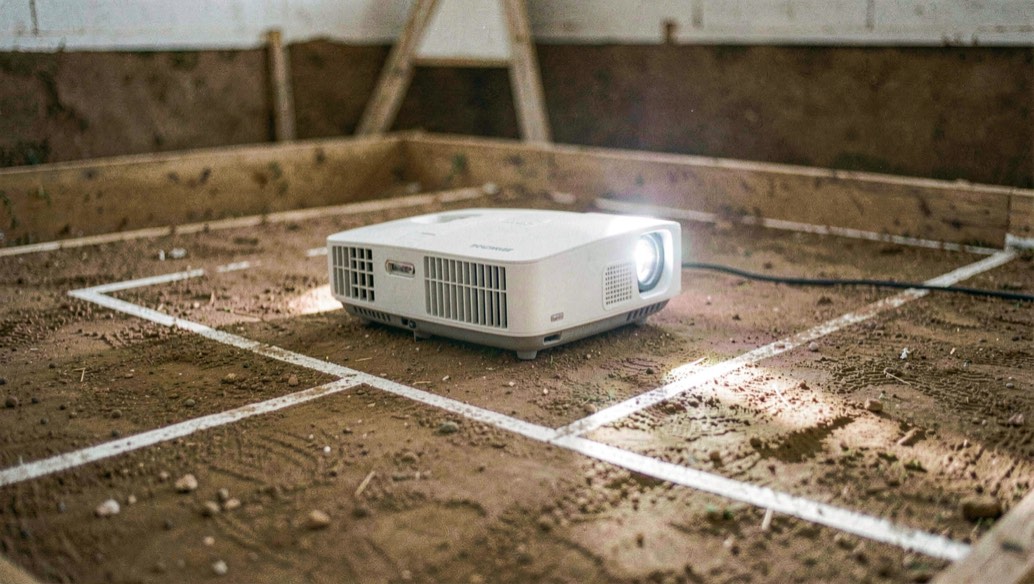 Projector encès sobre un terra d’assaig amb marques de moviment